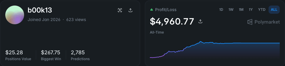 My public Polymarket profile, @b00k13 - all-time profit/loss and stats